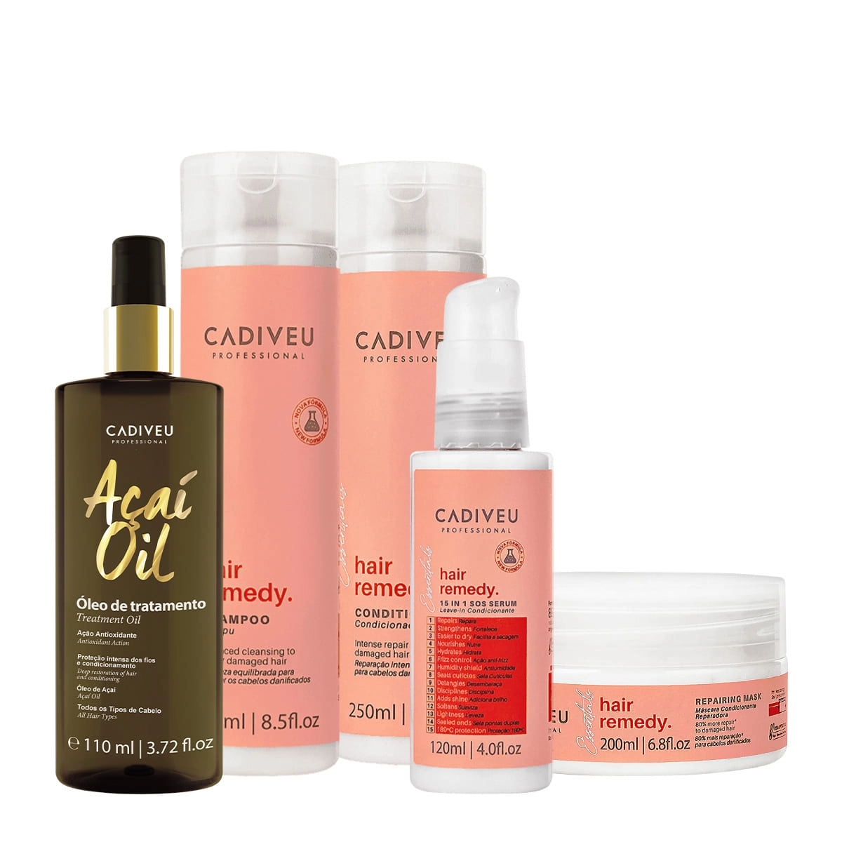 Kit Cadiveu Essentials Hair Remedy Shampoo Condicionador Máscara Leave-in E Açaí Oil 110 (5 Produtos)