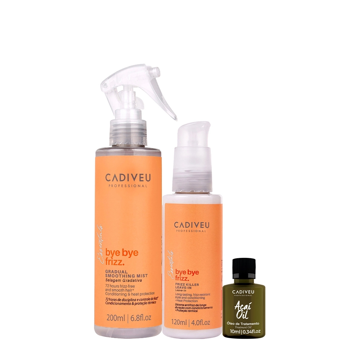 Kit Cadiveu Professional Bye Bye Frizz Selagem Gradativa Leave-in E Açai Oil (3 Produtos)