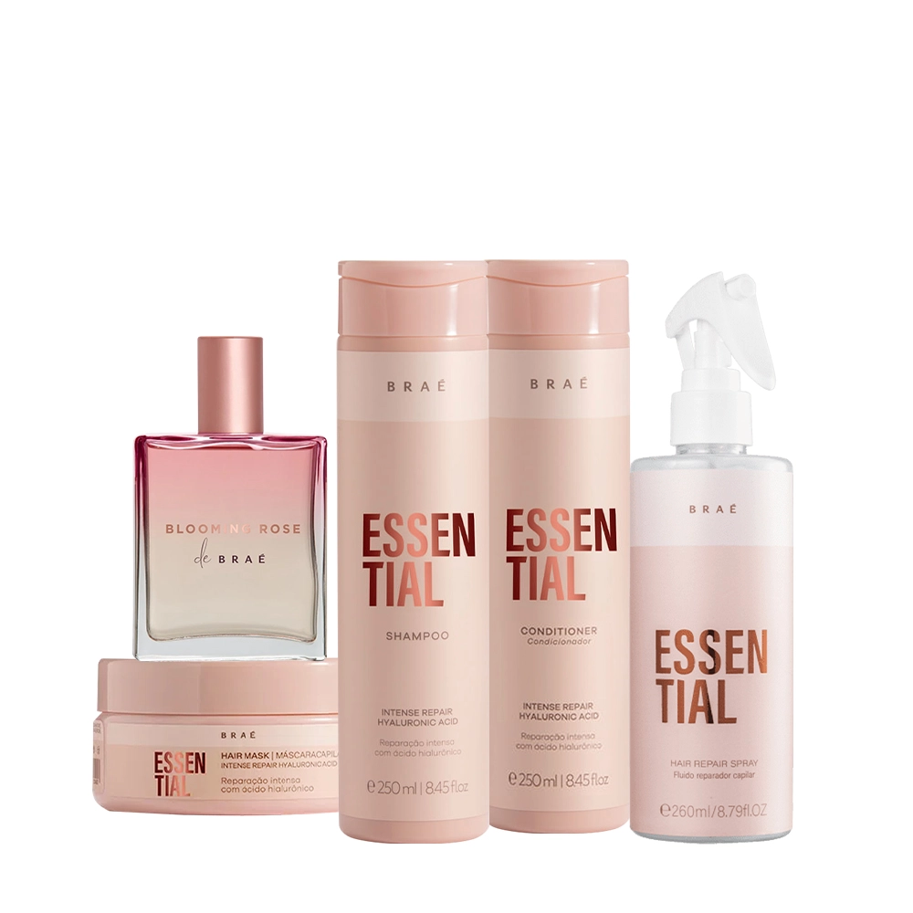 Produto Kit_Brae_Essential_Blooming_Rose_Mascara_Shampoo_Condicionador_Fluido_Perfume_Capilar_Evas_1