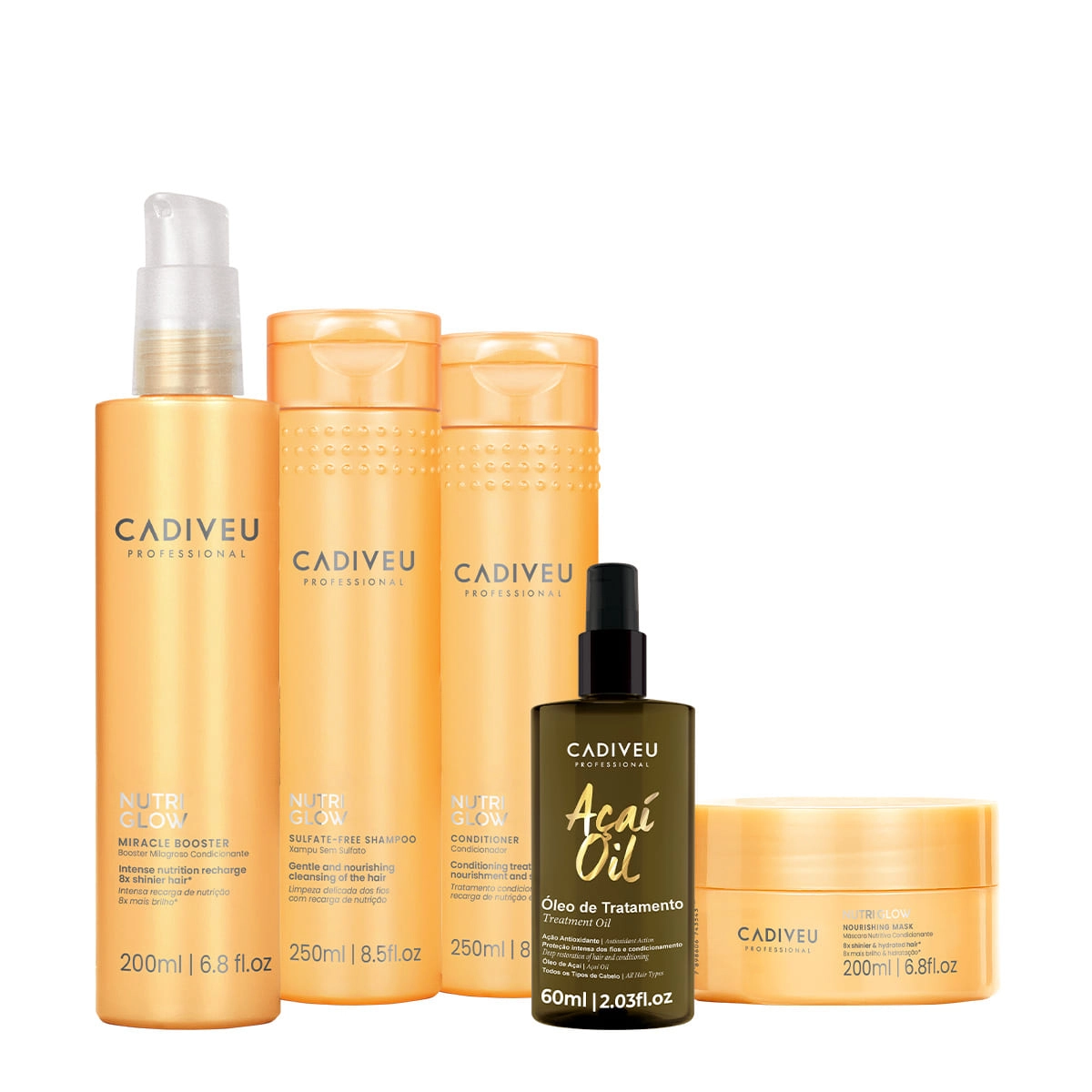 Kit Cadiveu Professional Nutri Glow Shampoo Condicionador Máscara Pré-Shampoo E Açaí Oil 60 (5 Produtos)