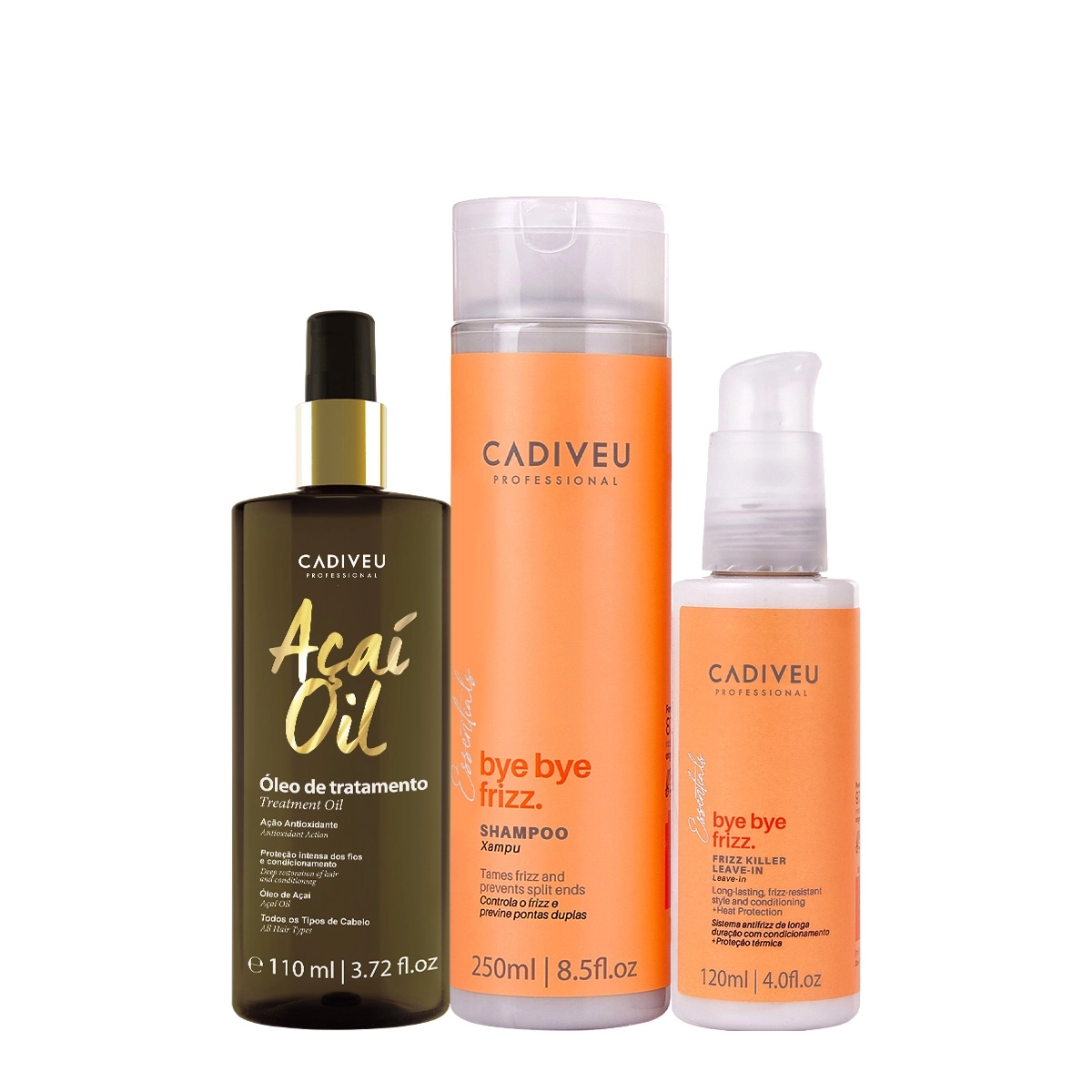 Kit Cadiveu Professional Bye Bye Frizz Shampoo Leave-in E Açaí Oil 110 (3 Produtos)