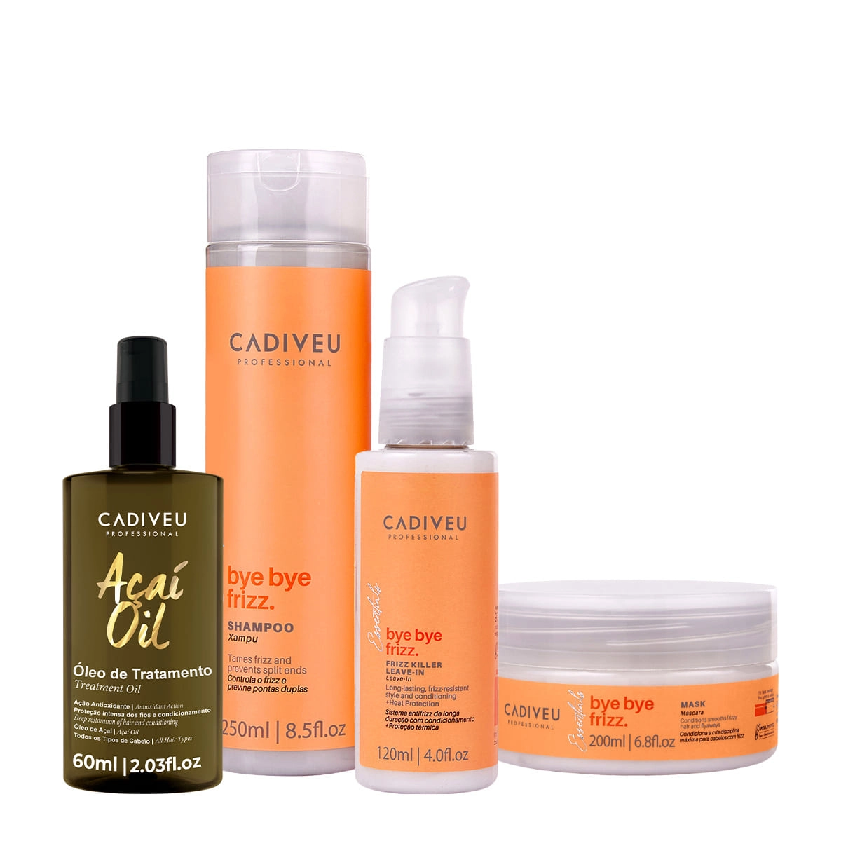 Kit Cadiveu Professional Bye Bye Frizz Shampoo Leave-in Máscara E Açaí Oil 60 (4 Produtos)