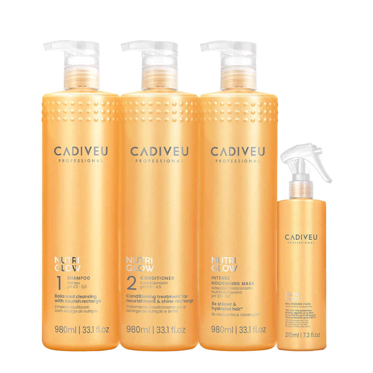 Kit Cadiveu Professional Nutri Glow Shampoo Condicionador Máscara G E Leave-in P (4 Produtos)