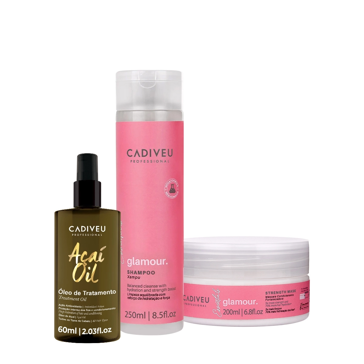 Kit Cadiveu Profissional Essentials Glamour Shampoo Máscara E Açaí Oil 60 (3 Produtos)