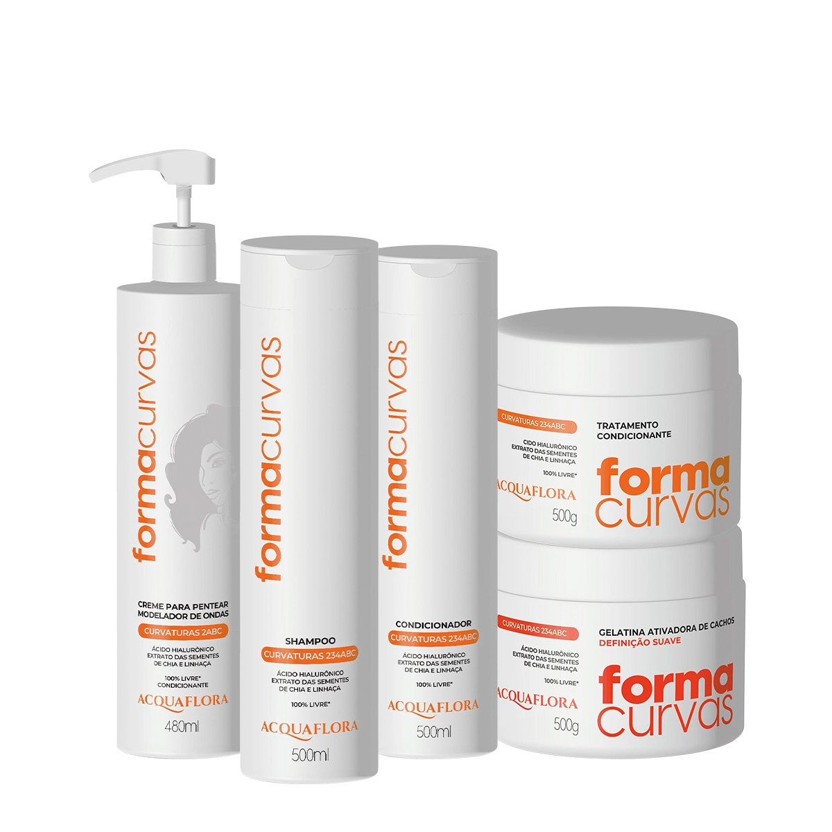 Kit Acquaflora Forma Curvas Shampoo Condicionador Tratamento Condicionante Creme De Pentear Ondas E Gelatina Suave (5 Pr