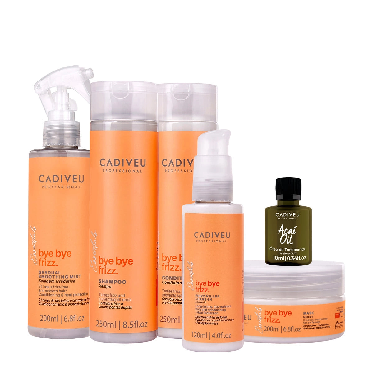 Kit Cadiveu Professional Bye Bye Frizz Shampoo Condicionador Selagem Gradativa Leave-in Máscara E Açaí Oil (6 Produtos)