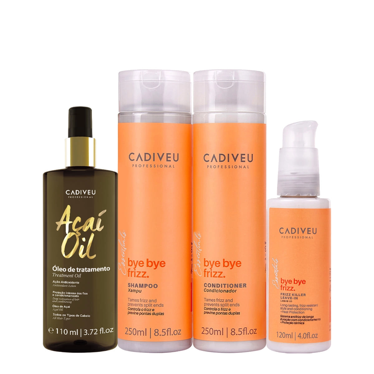 Kit Cadiveu Professional Bye Bye Frizz Shampoo Condicionador Leave-in E Açaí Oil 110 (4 Produtos)