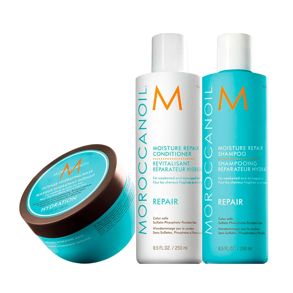 Produto Kit_Moroccanoil_Reparador_De_Umidade_Shampoo_Condicionador_250ml_Mascara_De_Hidratacao_Intensa_250g_Evas_1