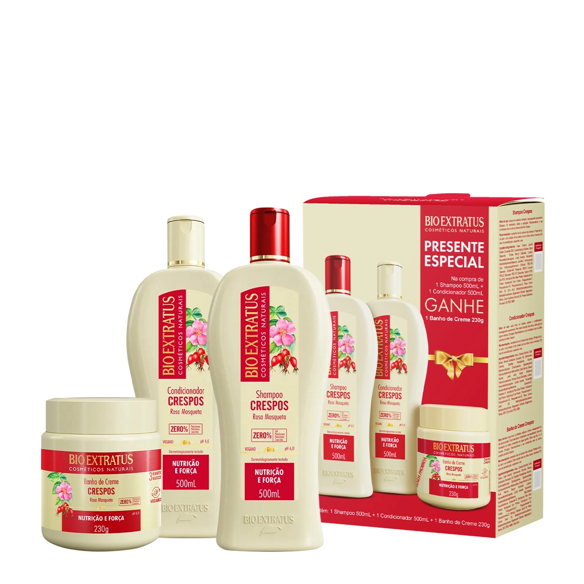 Kit Crespos Rosa Mosqueta Bio Extratus Shampoo 500ml Condicionador 500ml Máscara 230g