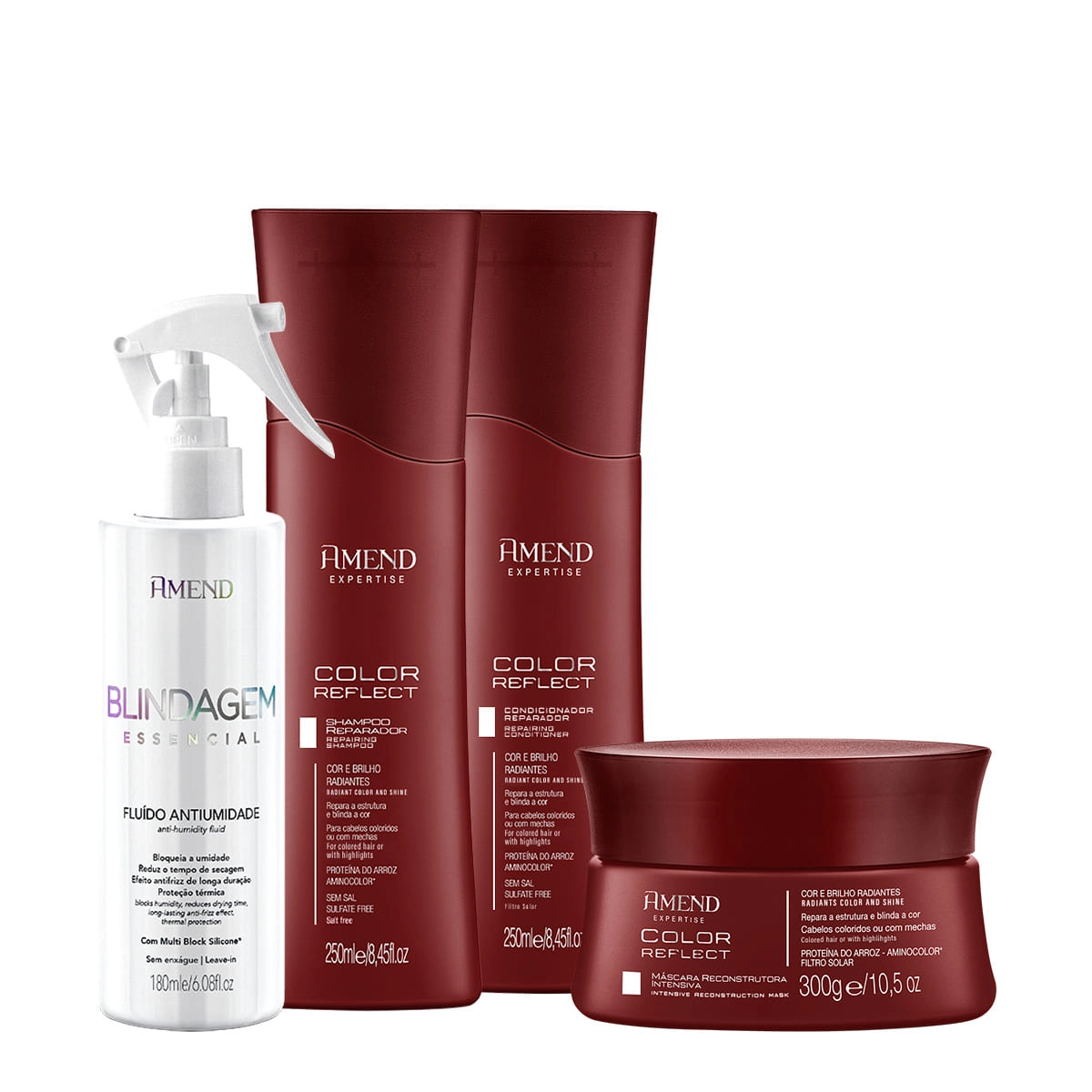 Produto Kit_Amend_Color_Reflect_Reconstrutor_Shampoo_Condicionador_Mascara_Fluido_Antiumidade_Evas_1