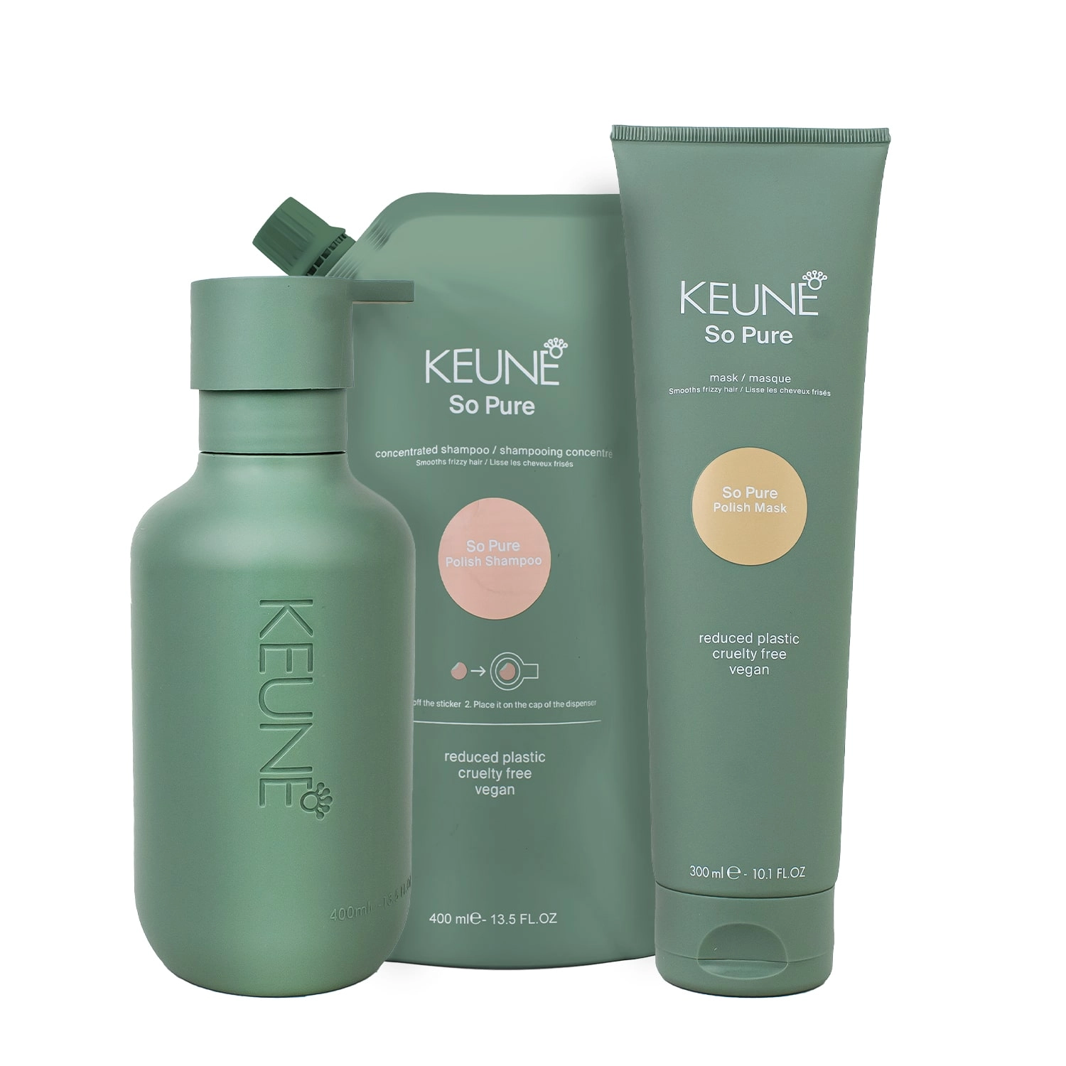 Kit Keune So Pure Polish Shampoo Refil Máscara E Dispenser Frasco (3 Produtos)