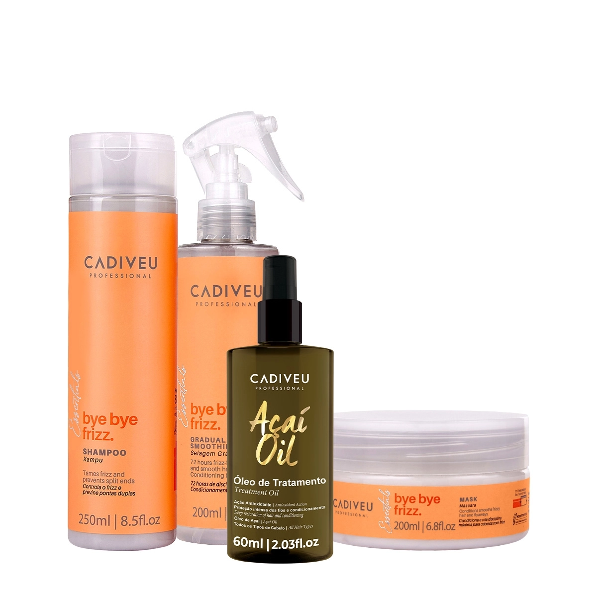 Kit Cadiveu Professional Bye Bye Frizz Shampoo Máscara Selagem Gradativa E Açaí Oil 60 (4 Produtos)