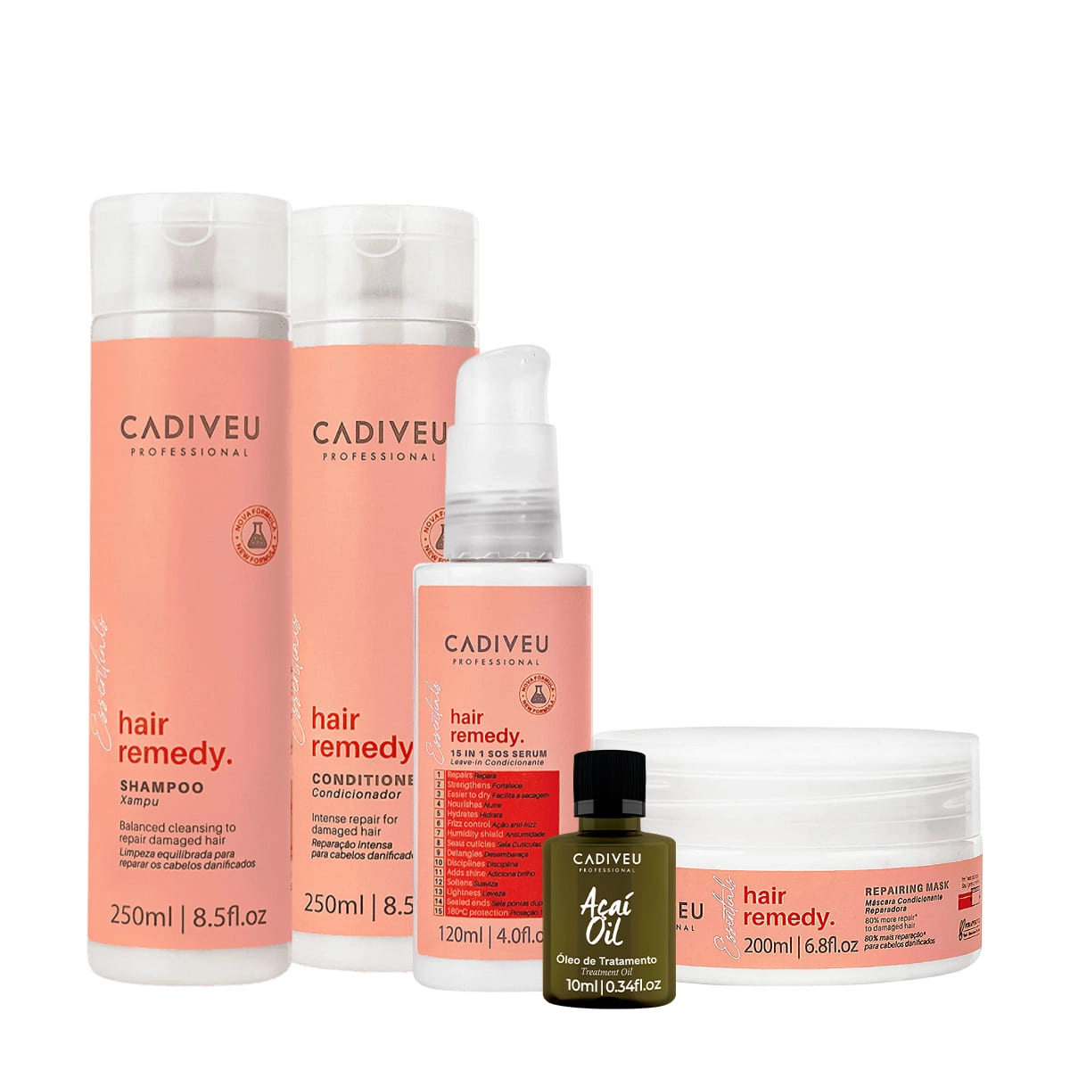 Kit Cadiveu Essentials Hair Remedy Shampoo Condicionador Máscara Leave-in E Açaí Oil (5 Produtos)