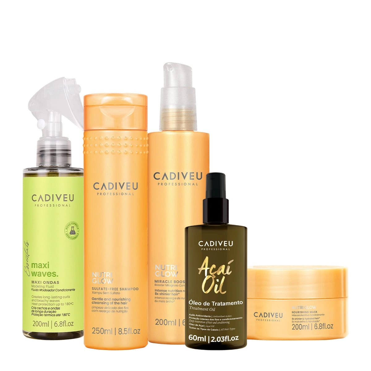 Kit Cadiveu Professional Nutri Glow Shampoo Máscara Maxi Ondas Booster Fluído De Tratamento E Açaí Oil 60 (5 Produtos)