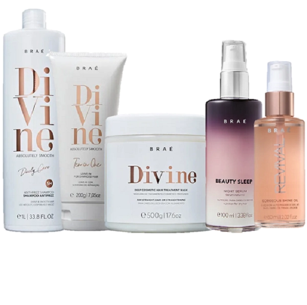 Braé Divine Shampoo 1L Mascara 500g Leave In 200g Revival Shine Oil 60ml E Beauty Sleep 100ml (DESATIVAR)