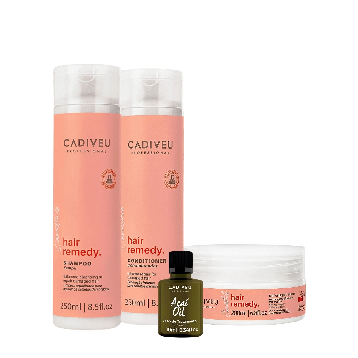 Kit Cadiveu Essentials Hair Remedy Shampoo Condicionador Máscara E Açaí Oil (4 Produtos)