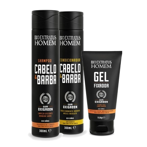 Bio Extratus Homem Kit Cabelo E Barba Shampoo Condicionador 300ml E Gel Fixador Forte 150g