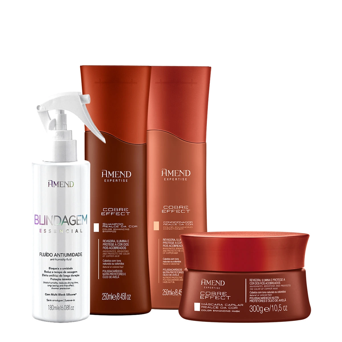 Produto Kit_Amend_Realce_da_Cor_Cobre_Effect_Cabelos_Iluminados_Shampoo_Condicionador_Mascara_Fluido_Antiumidade_Evas_1