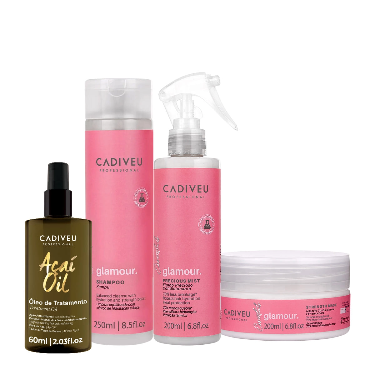 Kit Cadiveu Profissional Essentials Glamour Shampoo Fluído Máscara E Açaí Oil 60 (4 Produtos)
