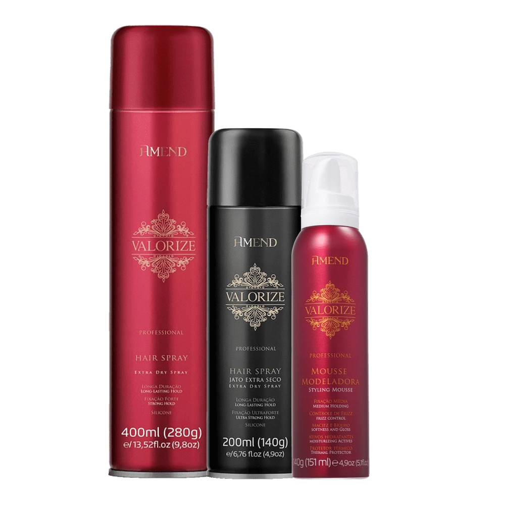 Kit Amend Valorize Mousse E Spray Fixador Ultra Forte Pequeno E Spray Fixador Forte (3 Produtos)