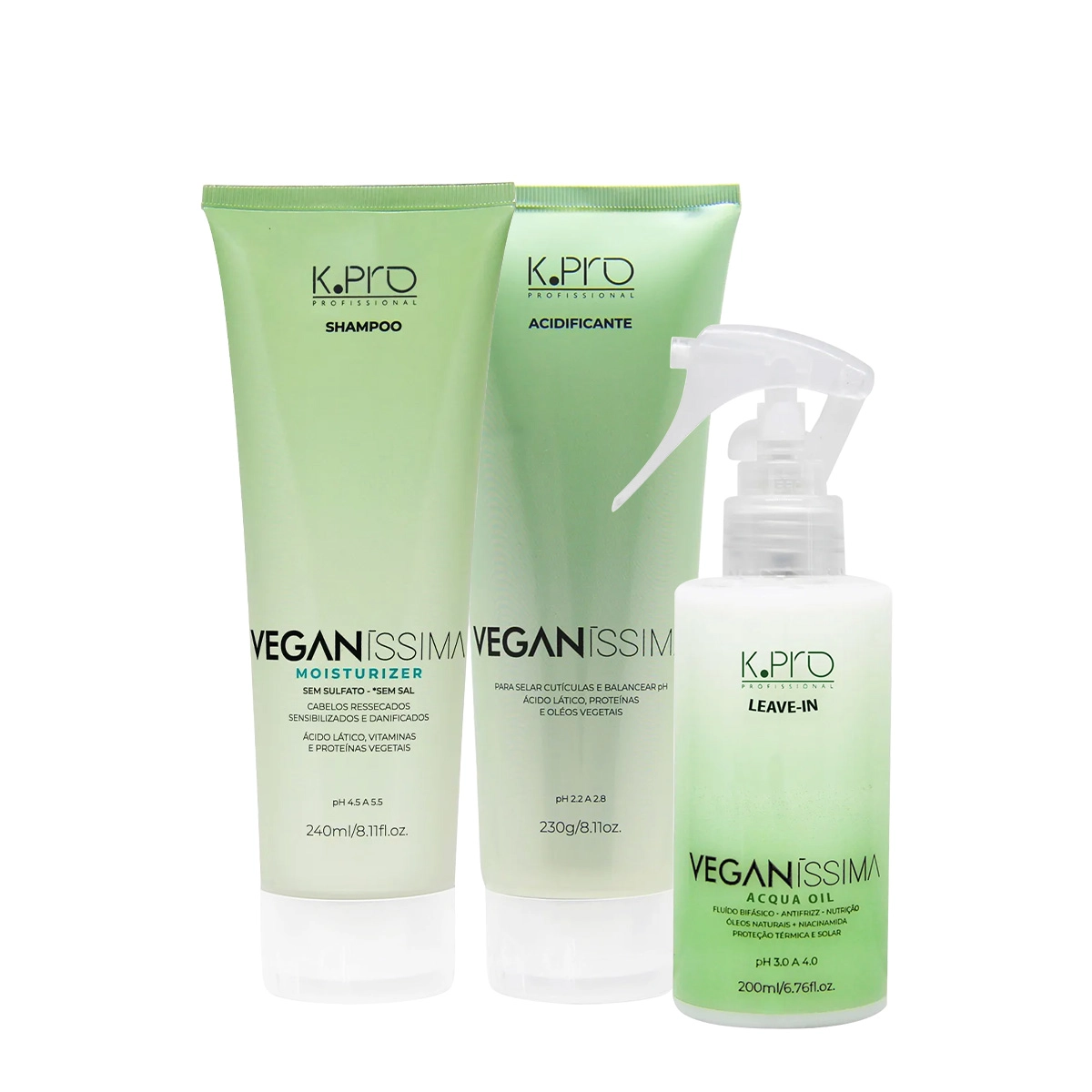 Kit K.Pro Veganíssima Moisturizer Shampoo Acidificante E Acqua Oil Spray Leave-in (3 Produtos)