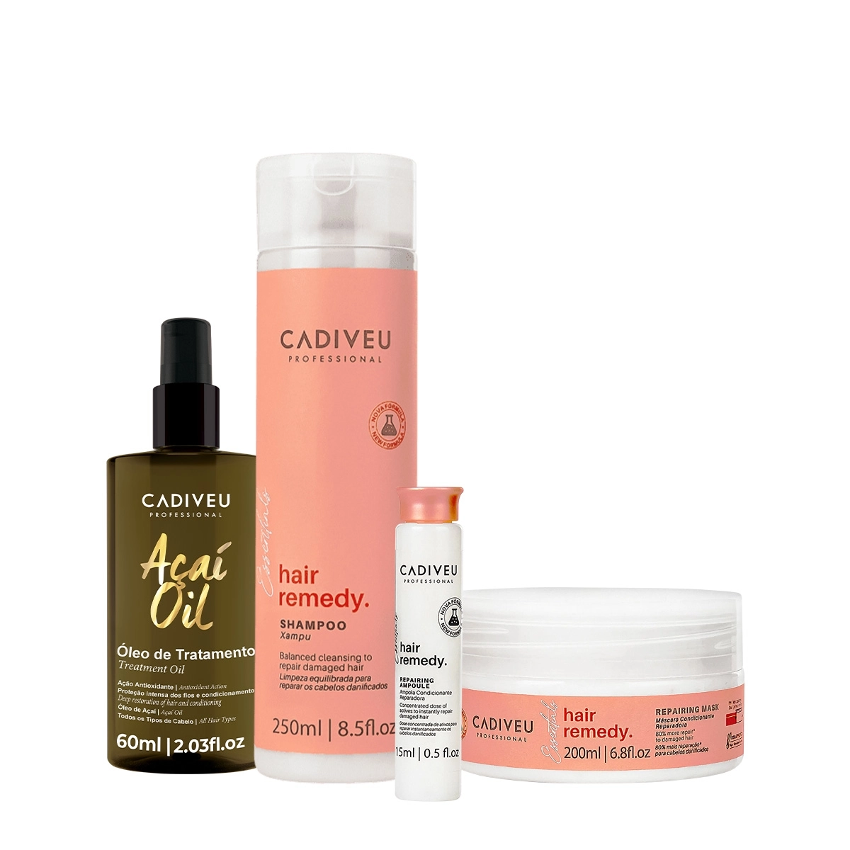 Kit Cadiveu Essentials Hair Remedy Shampoo Máscara Ampola E Açaí Oil 60 (4 Produtos)