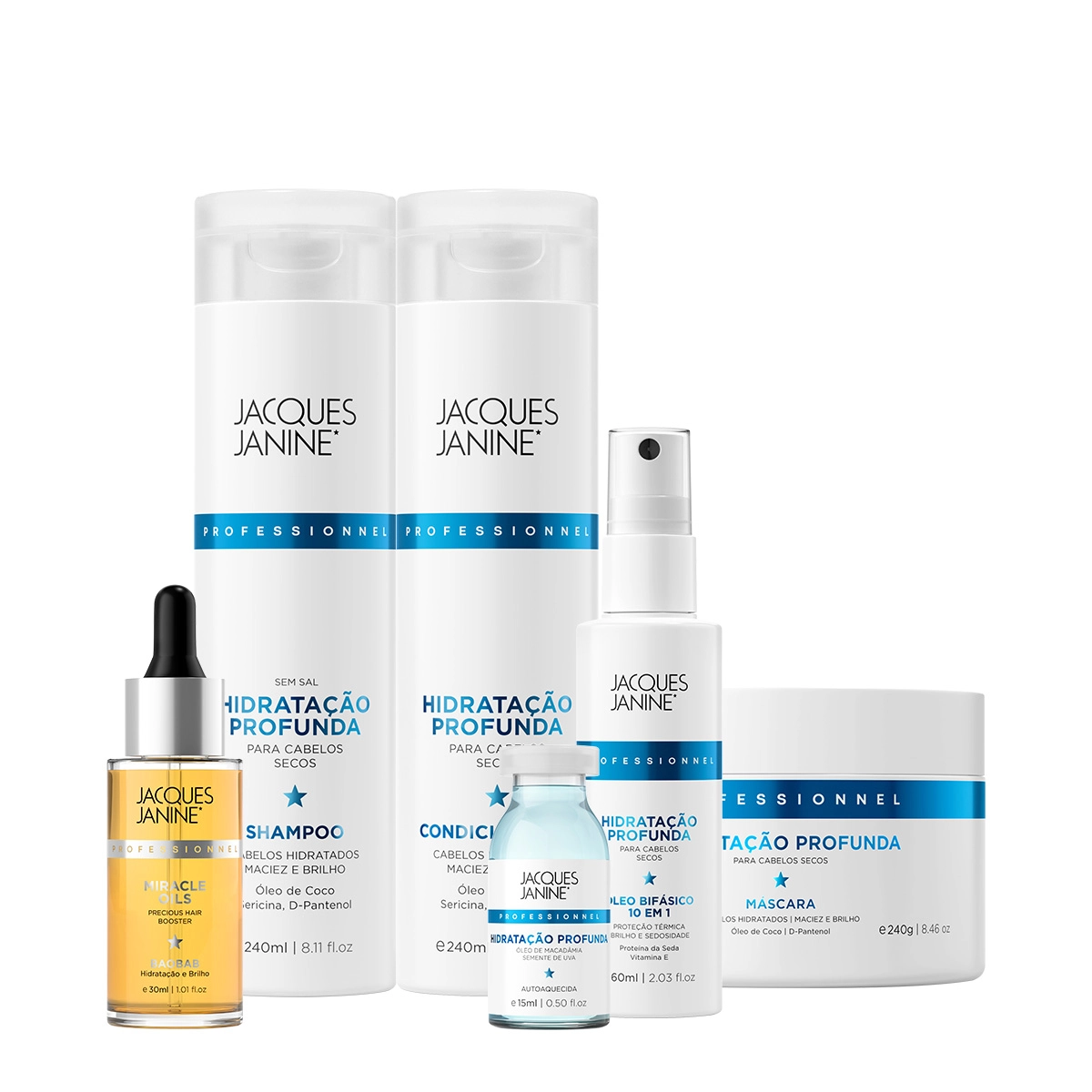Produto Kit_Jacques_Janine_Hidratacao_Profunda_Shampoo_Condicionador_Mascara_Oleo_bifasico_Ampola_e_Miracle_Oils_Baobab_Evas_1