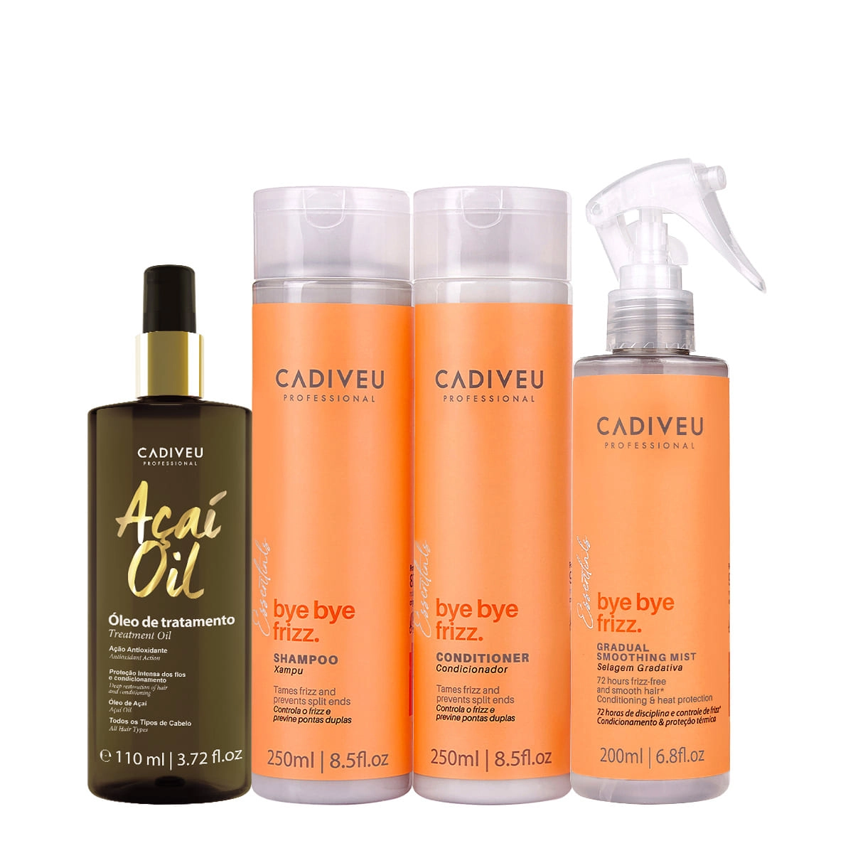 Kit Cadiveu Professional Bye Bye Frizz Shampoo Condicionador Selagem Gradativa E Açaí Oil 110 (4 Produtos)