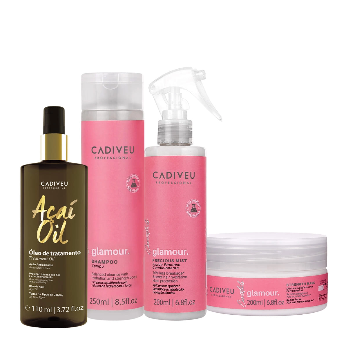 Kit Cadiveu Profissional Essentials Glamour Shampoo Fluído Máscara E Açaí Oil 110 (4 Produtos)
