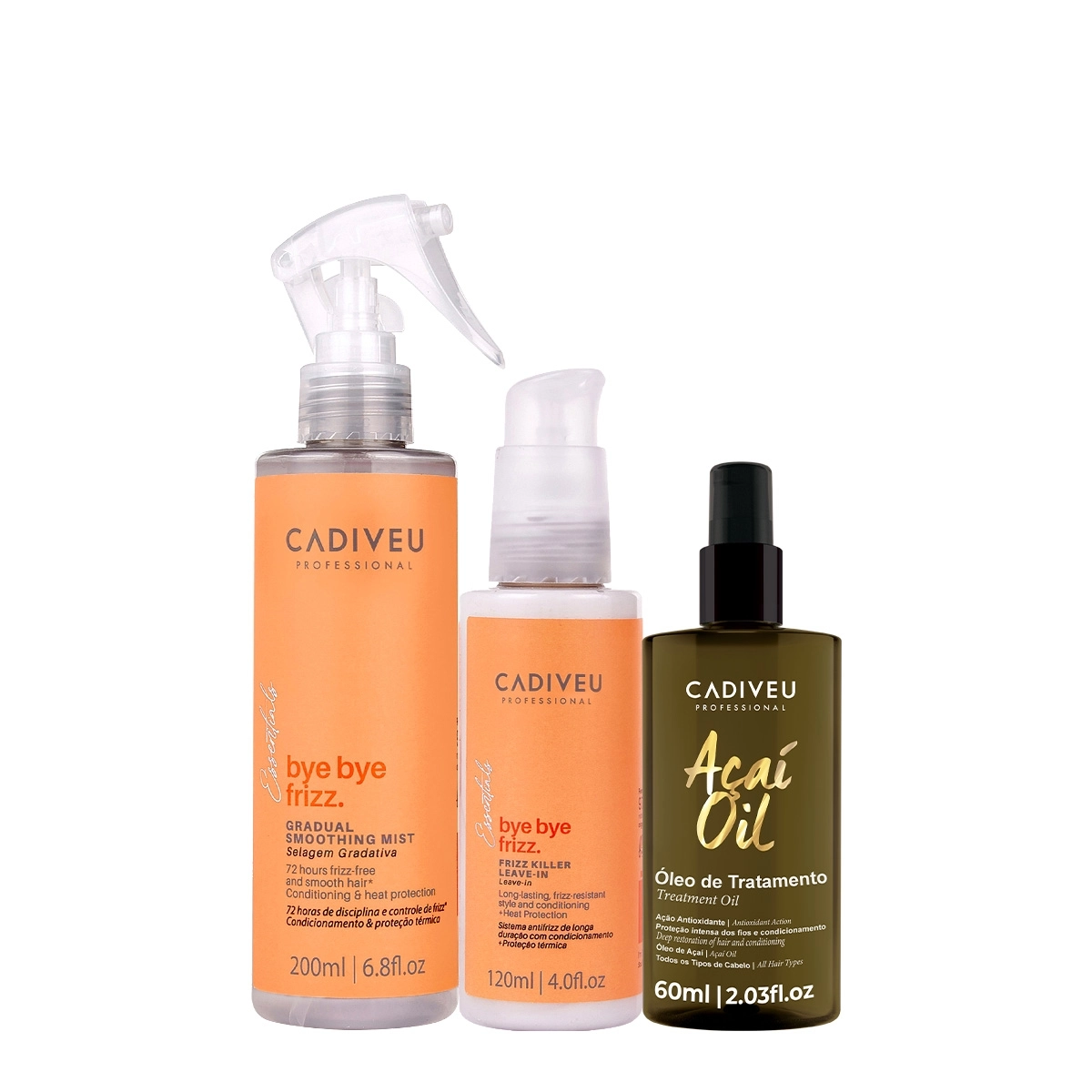 Kit Cadiveu Professional Bye Bye Frizz Selagem Gradativa Leave-in E Açai Oil 60 (3 Produtos)
