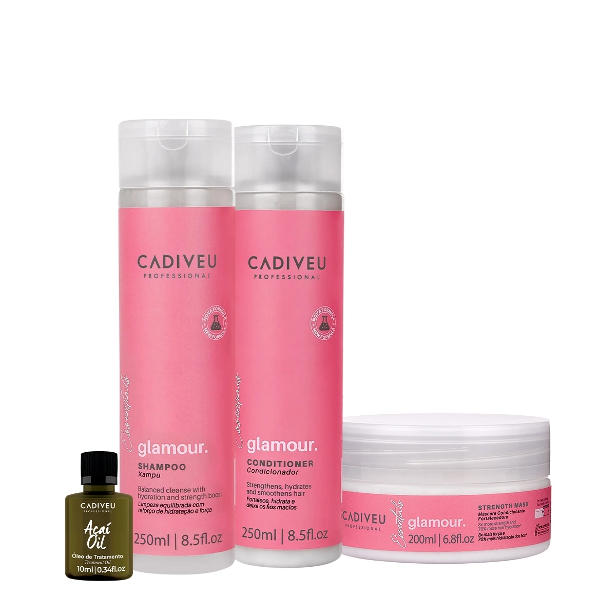 Kit Cadiveu Profissional Essentials Glamour Shampoo Condicionador Máscara E Açaí Oil P (4 Produtos)