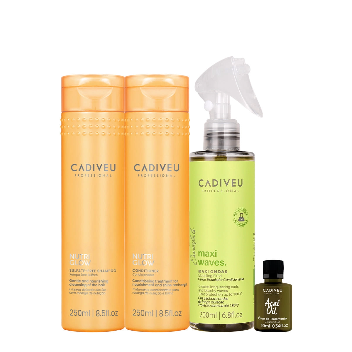 Kit Cadiveu Professional Nutri Glow Shampoo Condicionador Maxi Ondas E Açaí Oil (4 Produtos)