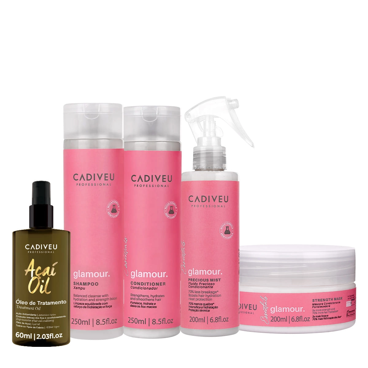 Kit Cadiveu Profissional Essentials Glamour Shampoo Condicionador Máscara Fluído E Açaí Oil 60 (5 Produtos)