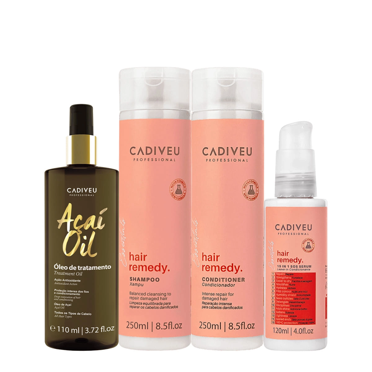 Kit Cadiveu Essentials Hair Remedy Shampoo Condicionador Leave-in Sérum E Açaí Oil 110 (4 Produtos)