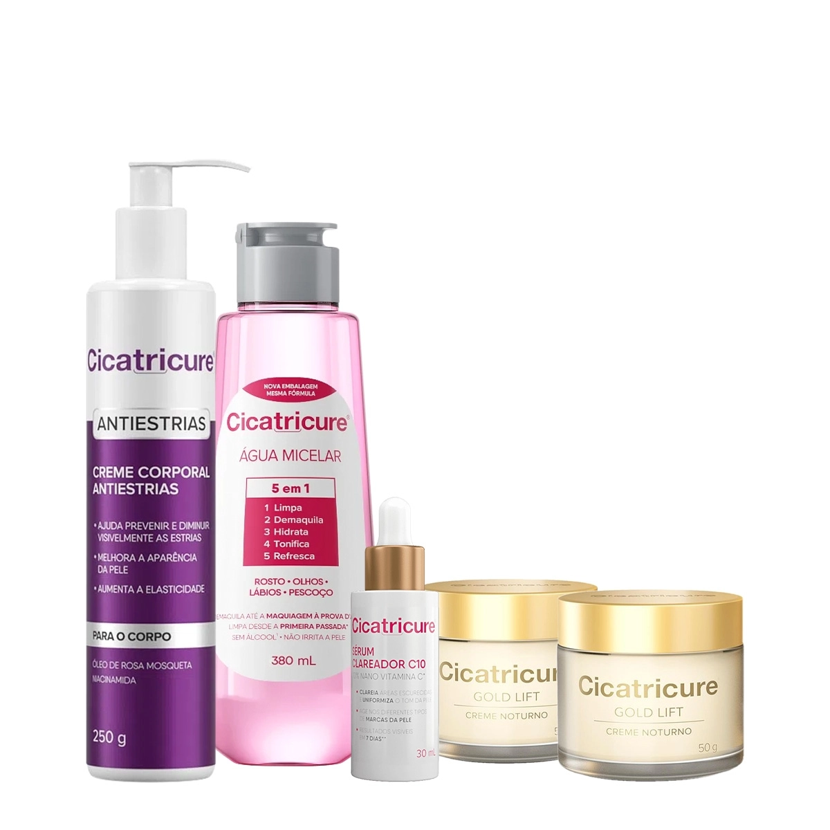 Kit Cicatricure Antiestrias Água Micelar Clareador E Anti Idade (5 Produtos)