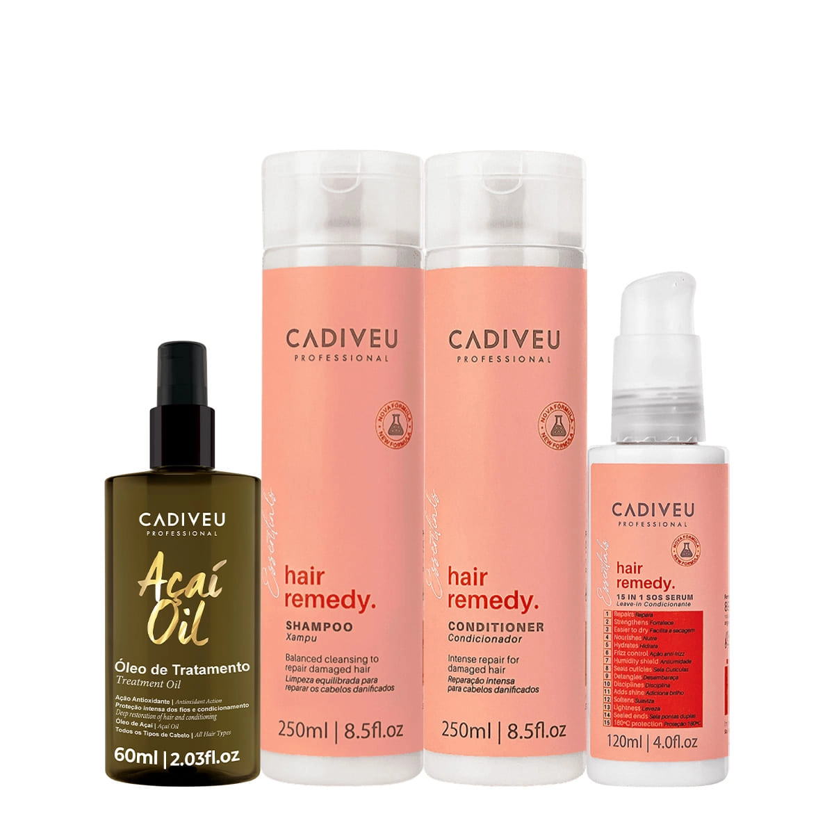 Kit Cadiveu Essentials Hair Remedy Shampoo Condicionador Leave-in Sérum E Açaí Oil 60 (4 Produtos)