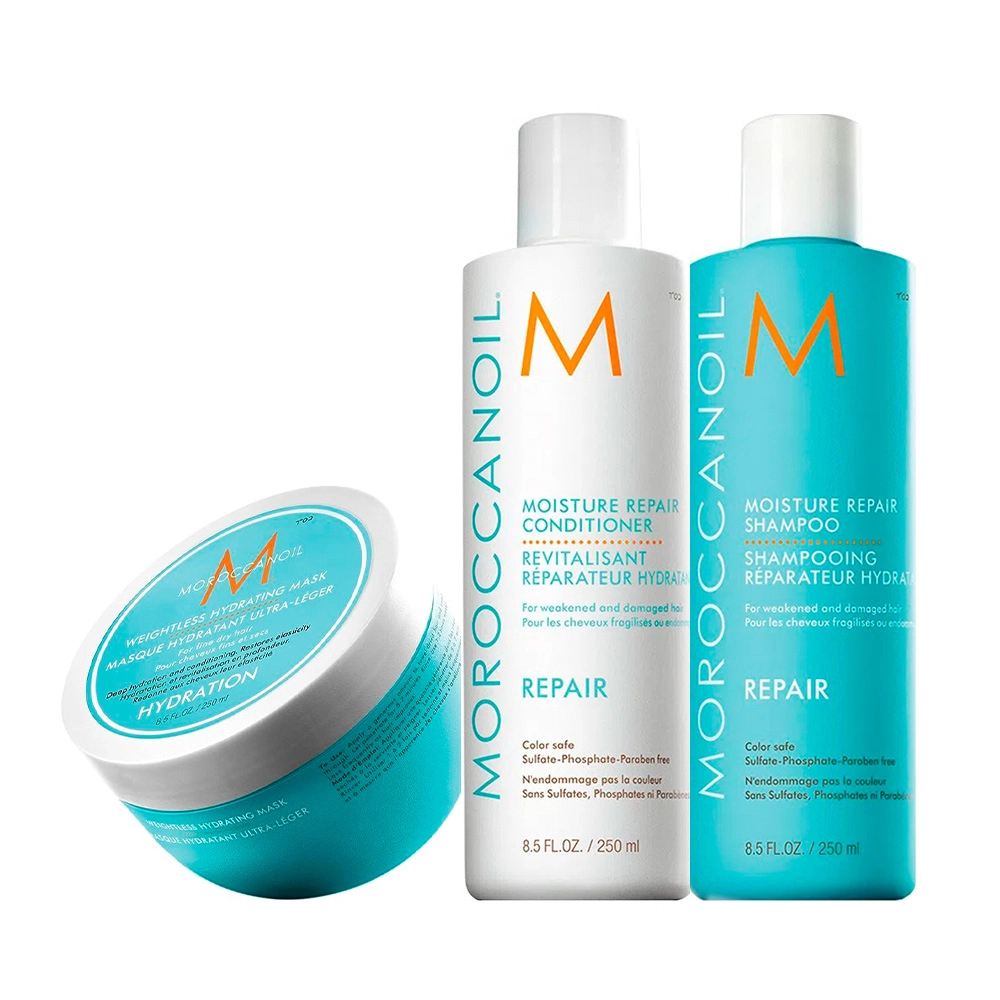Produto Kit_Moroccanoil_Reparador_De_Umidade_Shampoo_Condicionador_250ml_Mascara_De_Hidratacao_Light_250g_Evas_1