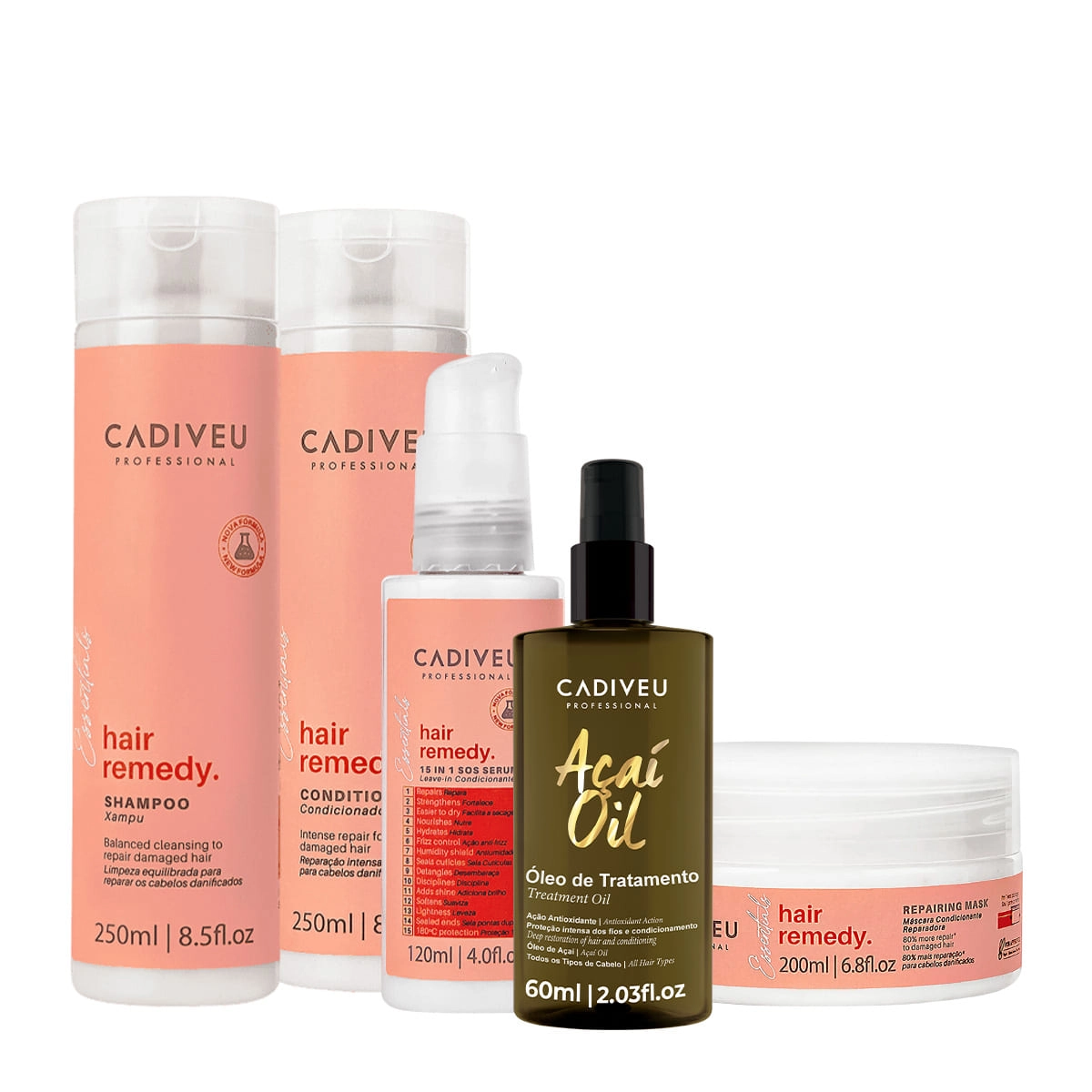 Kit Cadiveu Essentials Hair Remedy Shampoo Condicionador Máscara Leave-in E Açaí Oil 60 (5 Produtos)