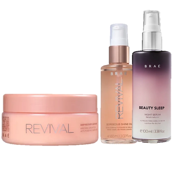 Kit Braé Revival Máscara 200g Gorgeous Shine Oil 60ml E Beauty Sleep 100ml
