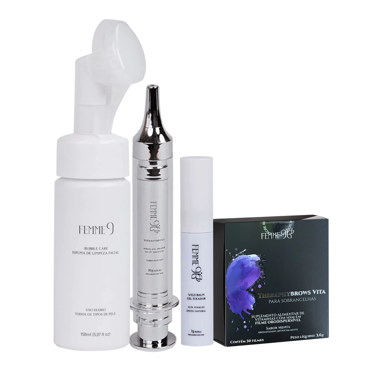 Produto Kit_Femme9_Espuma_Facial_Theraphybrows_Vita_Gel_Fixador_Serum_Evas_1
