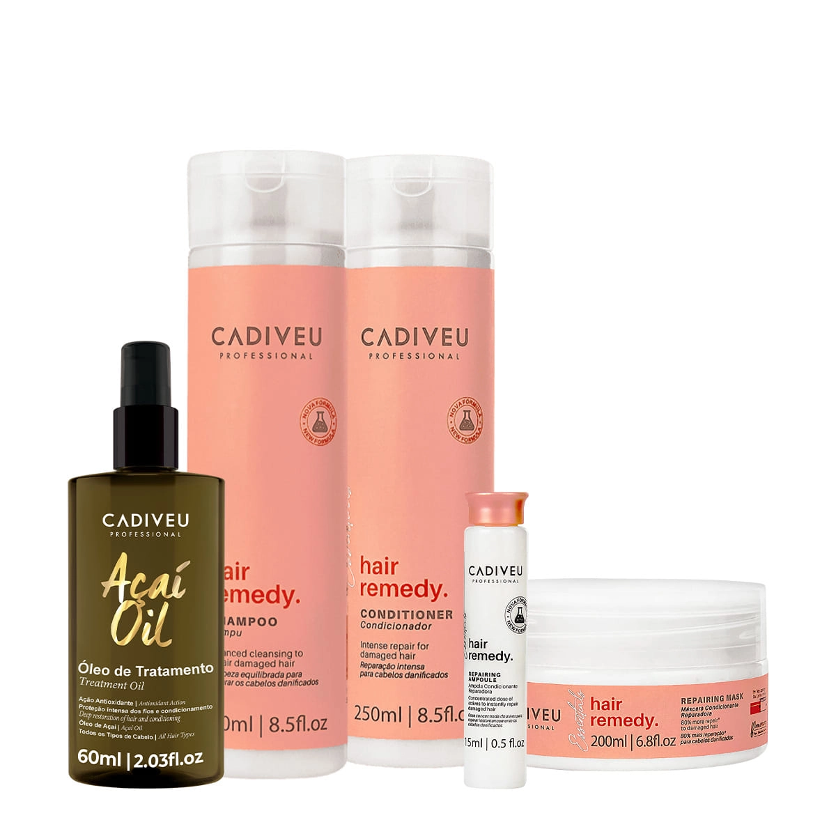 Kit Cadiveu Essentials Hair Remedy Shampoo Condicionador Máscara Ampola E Açaí Oil 60 (5 Produtos)
