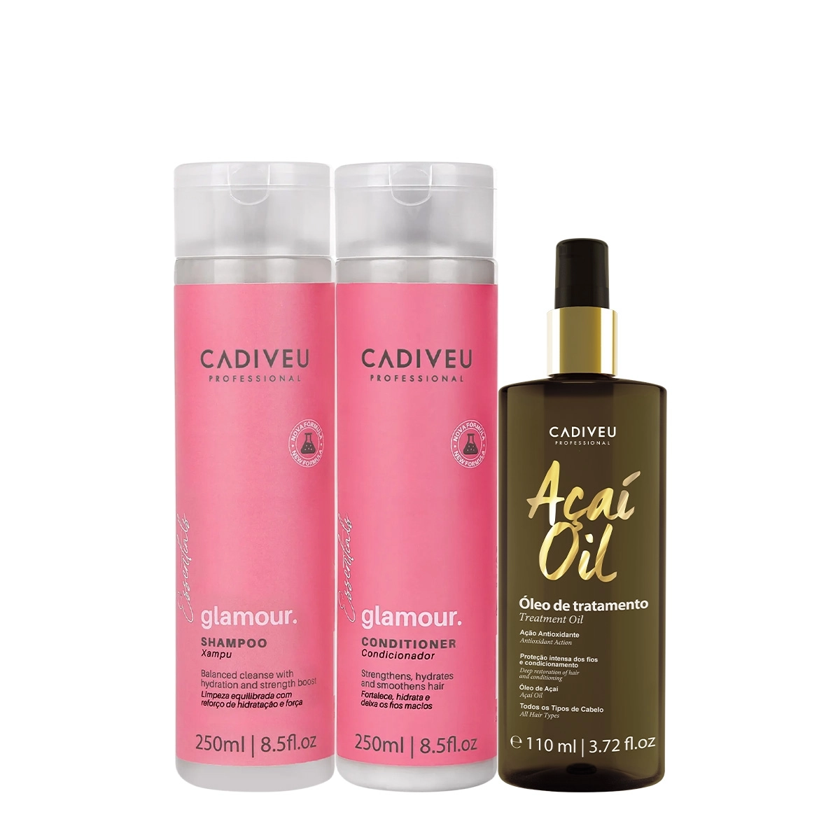 Kit Cadiveu Profissional Essentials Glamour Shampoo Condicionador E Açaí Oil 110 (3 Produtos)