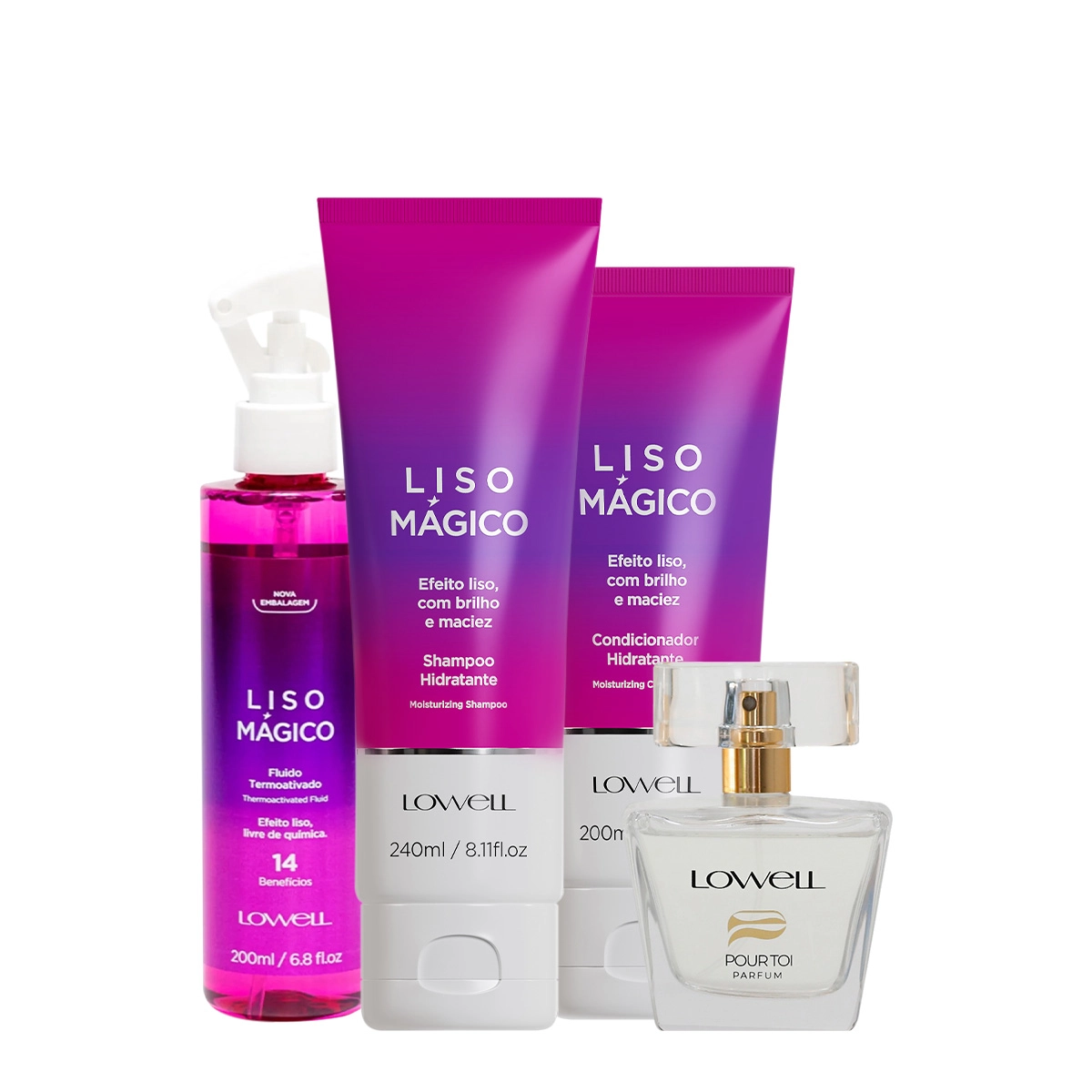 Lowell Liso Mágico Keeping Liss Shampoo Condicionador Spray E Pour Toi Parfum Cabelo E Corpo (4 Produtos)