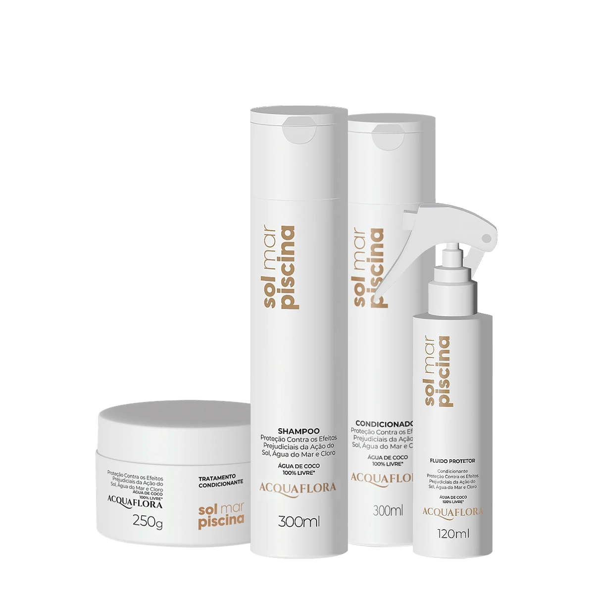 Kit Acquaflora Sol Mar Piscina Shampoo 300ml Condicionador 300ml Máscara 250g Leave-in 120ml