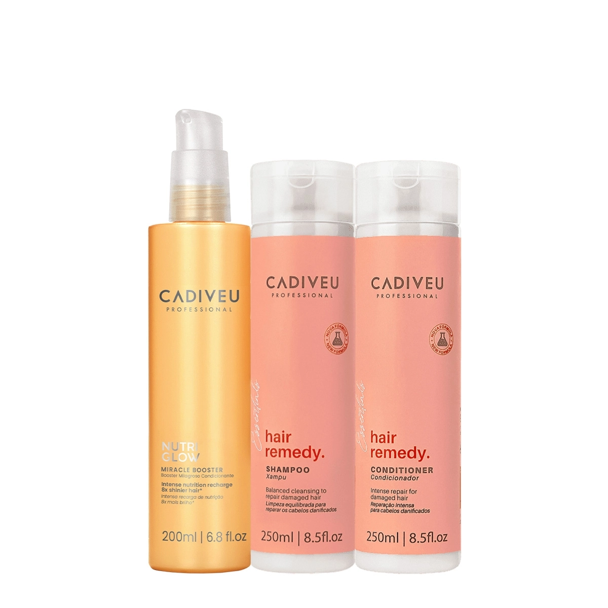 Kit Cadiveu Essentials Hair Remedy Shampoo Condicionador E Nutri Glow Booster (3 Produtos)
