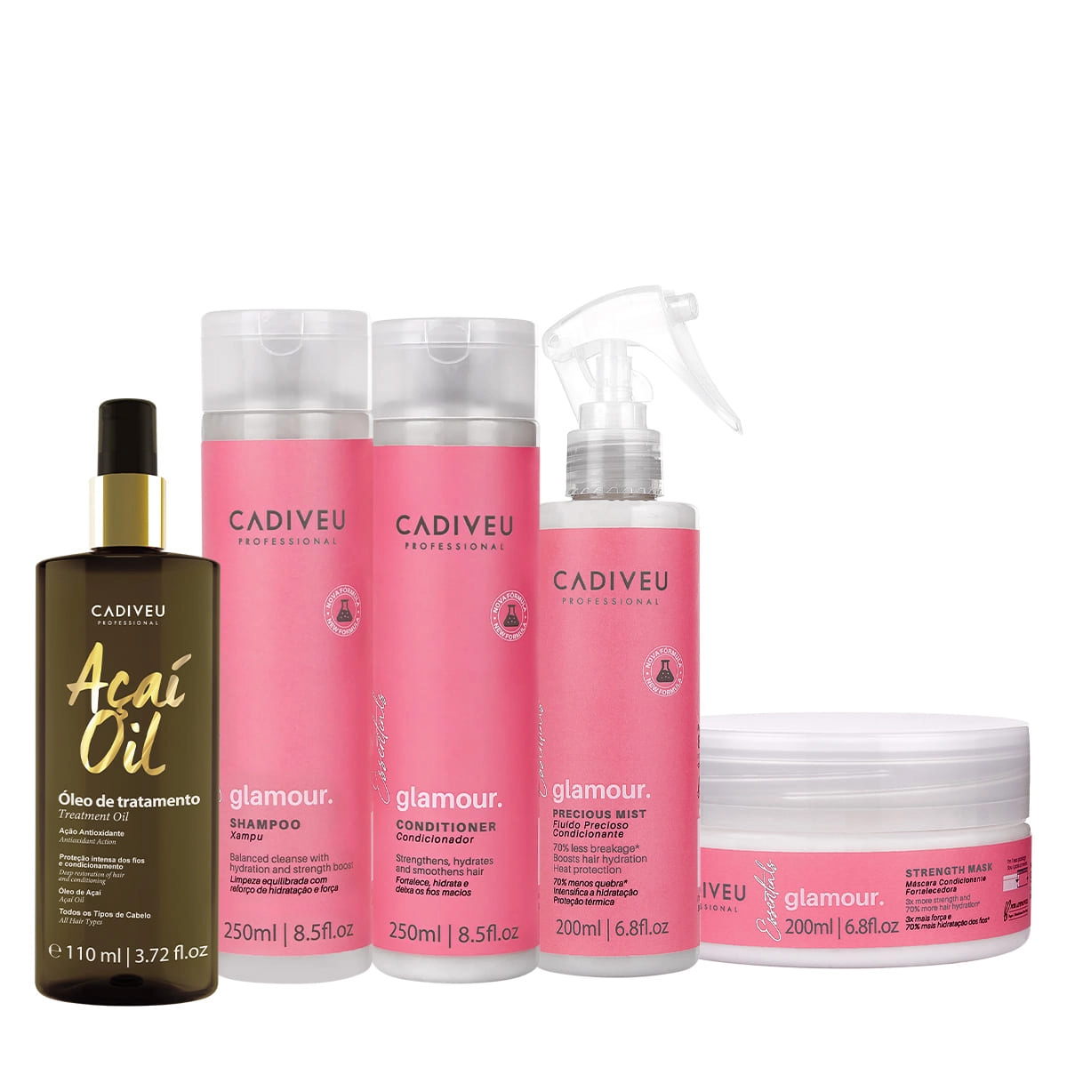 Kit Cadiveu Profissional Essentials Glamour Shampoo Condicionador Máscara Fluído E Açaí Oil 110 (5 Produtos)