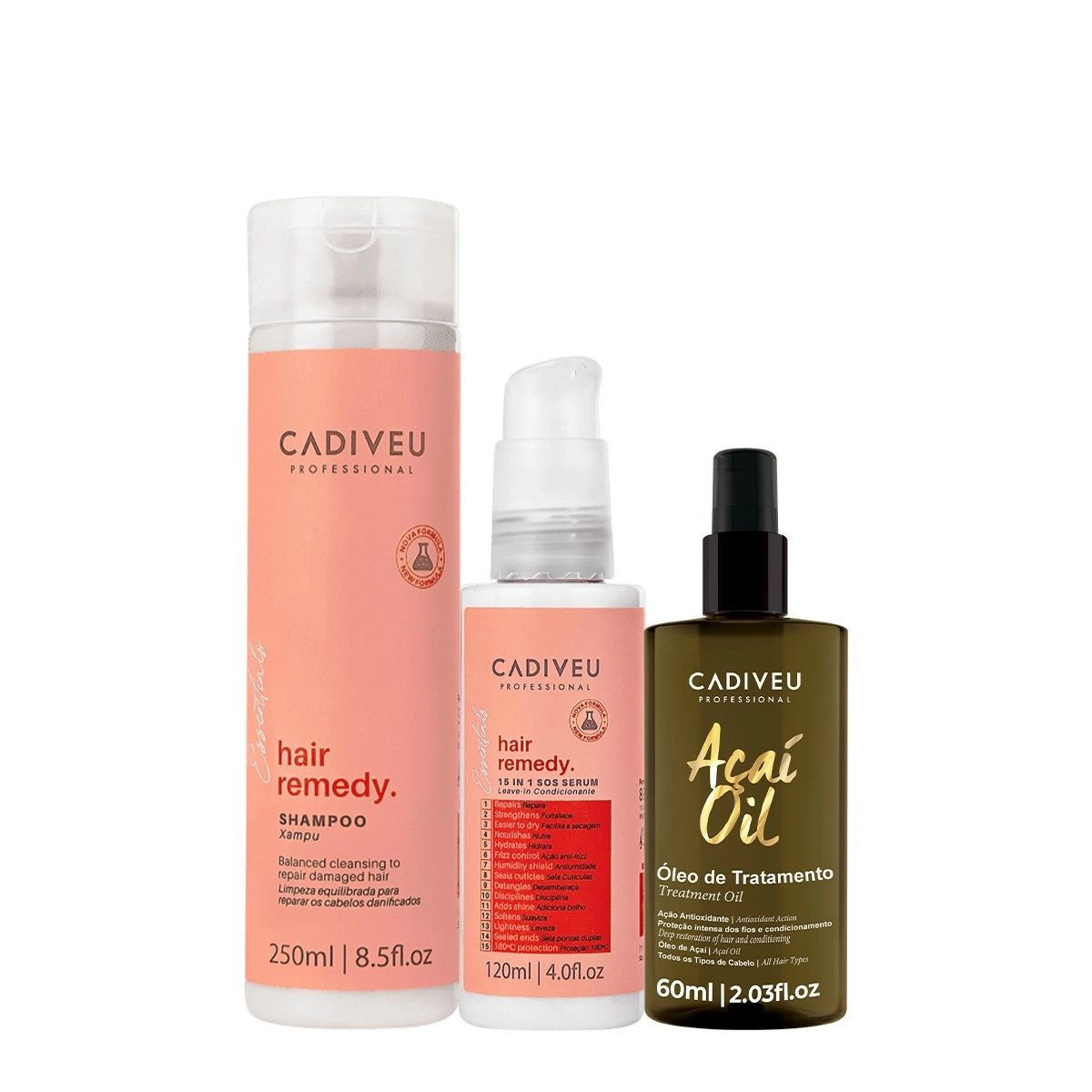 Kit Cadiveu Essentials Hair Remedy Shampoo Sérum E Açaí Oil 60 (3 Produtos)