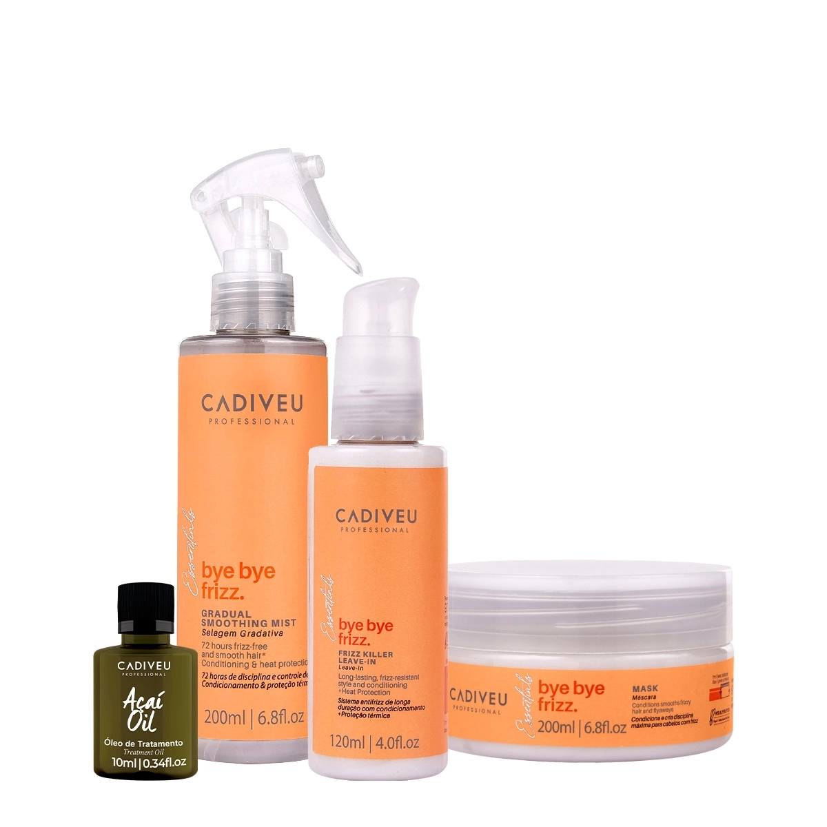 Kit Cadiveu Professional Bye Bye Frizz Selagem Leave-in Máscara E Açaí Oil (4 Produtos)