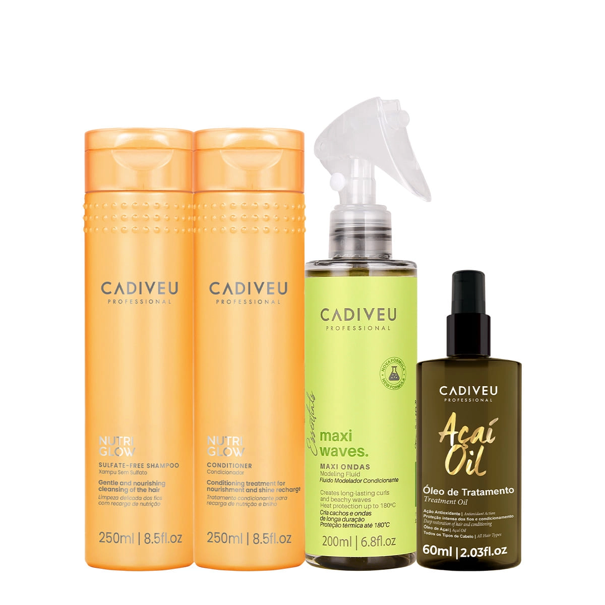 Kit Cadiveu Professional Nutri Glow Shampoo Condicionador Maxi Ondas E Açaí Oil 60 (4 Produtos)