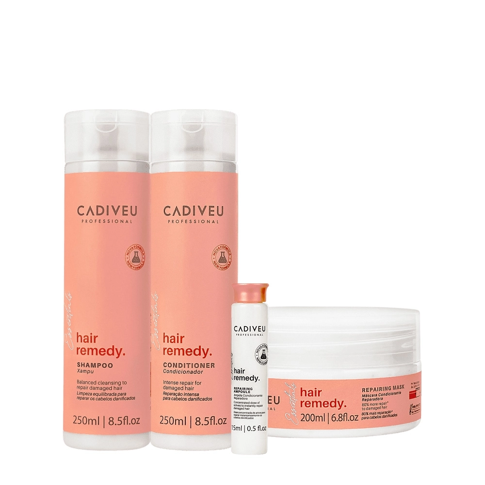 Kit Cadiveu Professional Essentials Hair Remedy Shampoo Condicionador Máscara E Ampola (4 Produtos)